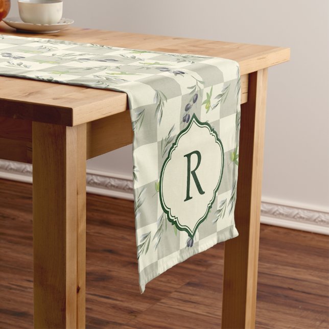  SageGreen Watercolor Olive Pattern Monogram  Short Table Runner (Creator Uploaded)