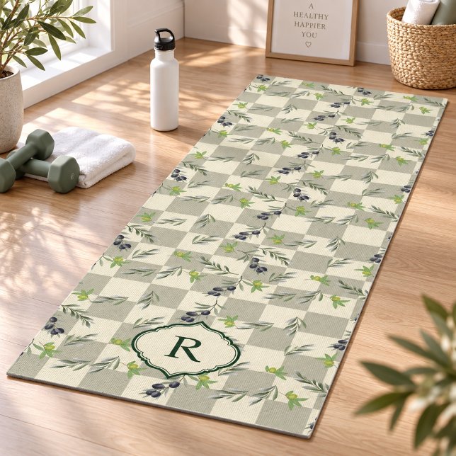  SageGreen Watercolor Olive Pattern Monogram  Yoga Mat (Sage Green Watercolor Olive elegant chic Pattern Monogram french European Mediterranean)