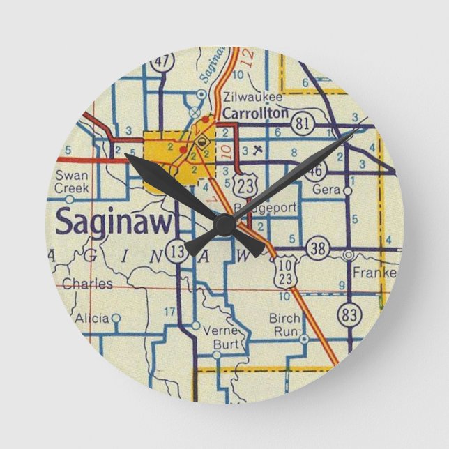 Saginaw MI Vintage Map Round Clock (Front)