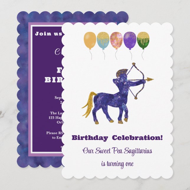 Sagittarius 1st Birthday Impressionist Gold Glitte Invitation (Front/Back)