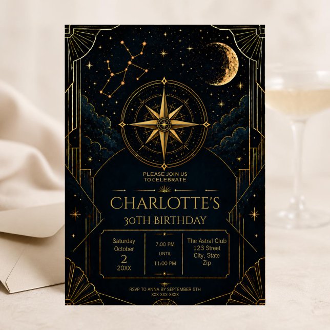 Sagittarius 30th Birthday Invitation | Art Deco (Dark Art Deco Sagittarius zodiac 30th birthday invitation with celestial details and elegant moody)