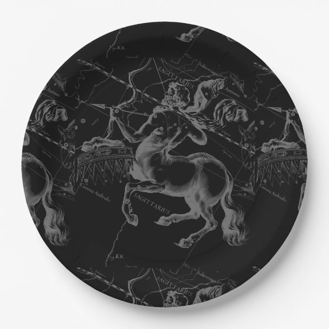 Sagittarius Constellation Hevelius 1690 on black Paper Plate (Front)