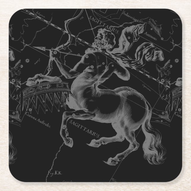 Sagittarius Constellation Map by Hevelius on Black Square Paper Coaster (Front)
