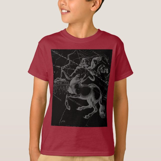 Sagittarius Constellation Map by Hevelius on Black T-Shirt (Front)