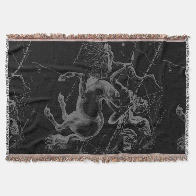 Sagittarius Constellation Map by Hevelius on Black Throw Blanket (Front)