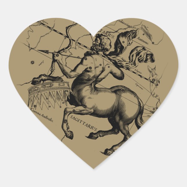 Sagittarius Constellation Map Engraving Hevelius Heart Sticker (Front)
