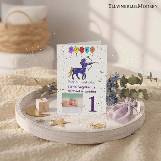 Sagittarius First Birthday Gold & Balloons Invitation (Sagittarius 5” x 7” Photo Invite. Visit Sagittarius Zodiac Birthday Party Collection for more items.)