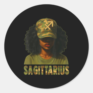 Sagittarius Girl Black Woman Camouflage Cap Zodiac Classic Round Sticker