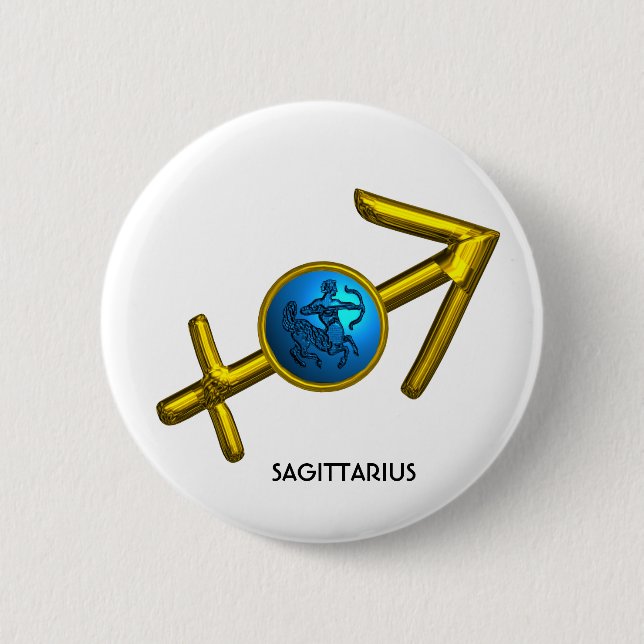 SAGITTARIUS,GOLD BLUE ZODIAC BIRTHDAY SIGN 6 CM ROUND BADGE (Front)