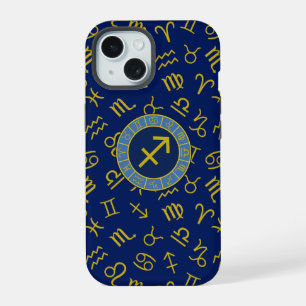 Sagittarius Zodiac+Astrology Symbols Ptn Gld+Blues iPhone 15 Case