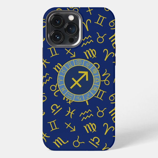 Sagittarius Zodiac+Astrology Symbols Ptn Gld+Blues iPhone Case (Back)
