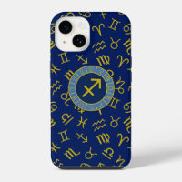 Sagittarius Zodiac+Astrology Symbols Ptn Gld+Blues