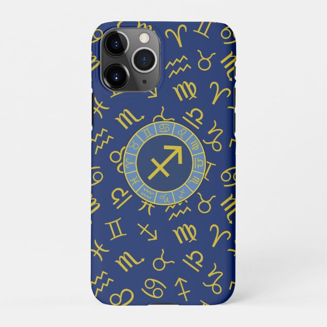 Sagittarius Zodiac+Astrology Symbols Ptn Gld+Blues iPhone Case (Back)
