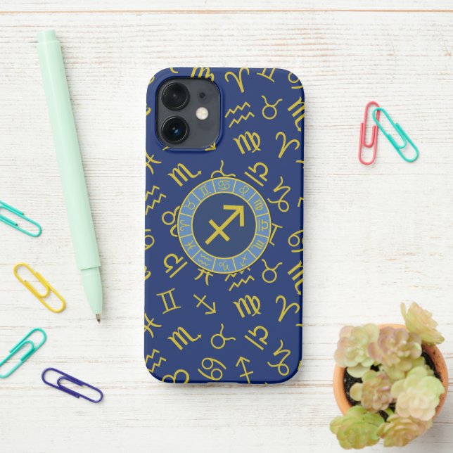 Sagittarius Zodiac+Astrology Symbols Ptn Gld+Blues iPhone Case (On Desk)