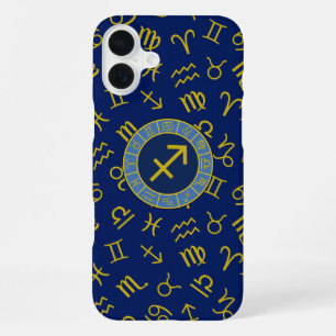 Sagittarius Zodiac+Astrology Symbols Ptn Gld+Blues iPhone 16 Plus Case