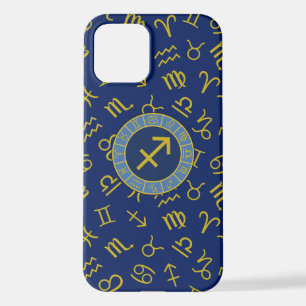 Sagittarius Zodiac+Astrology Symbols Ptn Gld+Blues iPhone 12 Case