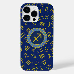 Sagittarius Zodiac+Astrology Symbols Ptn Gld+Blues iPhone 14 Pro Max Case