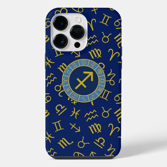 Sagittarius Zodiac+Astrology Symbols Ptn Gld+Blues iPhone Case (Back)
