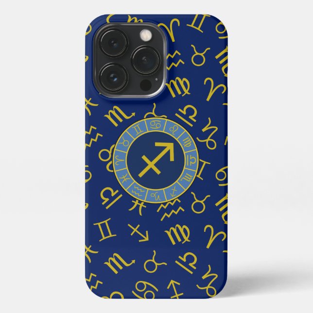 Sagittarius Zodiac+Astrology Symbols Ptn Gld+Blues iPhone Case (Back)