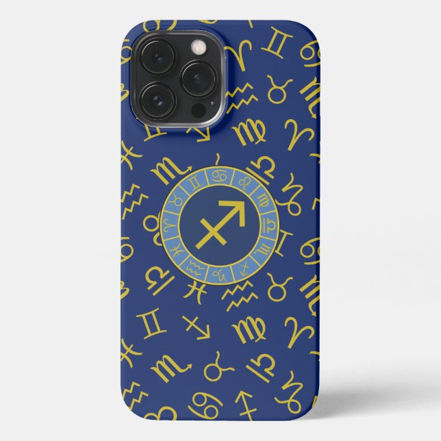 Sagittarius Zodiac+Astrology Symbols Ptn Gld+Blues iPhone Case (Back)