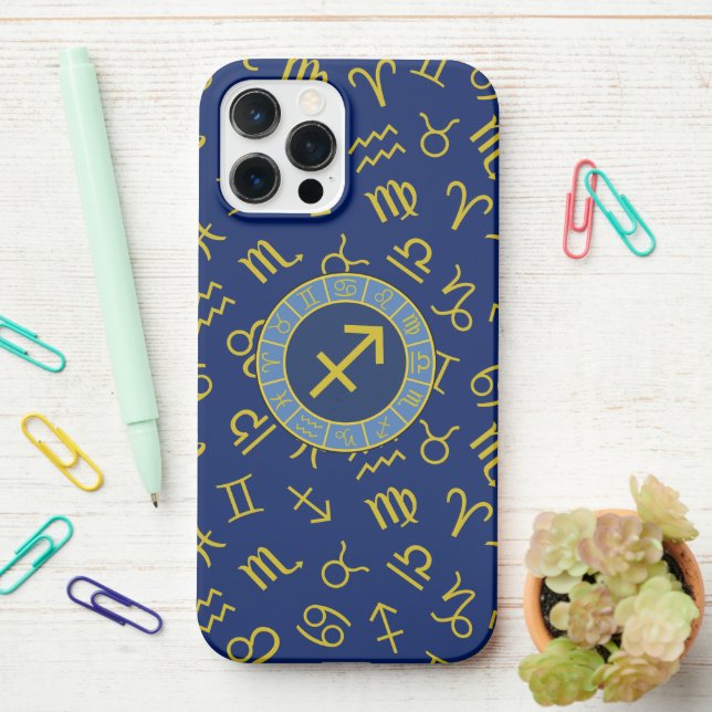 Sagittarius Zodiac+Astrology Symbols Ptn Gld+Blues iPhone Case (On Desk)