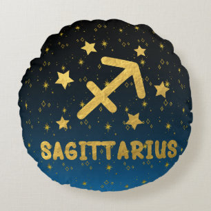 Sagittarius Zodiac Blue and Gold Round Pillow