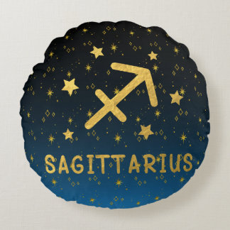 Sagittarius Zodiac Blue and Gold Round Pillow