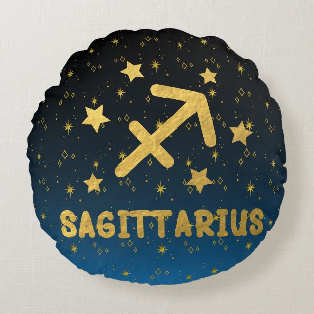 Sagittarius Zodiac Blue and Gold Round Pillow (Front)
