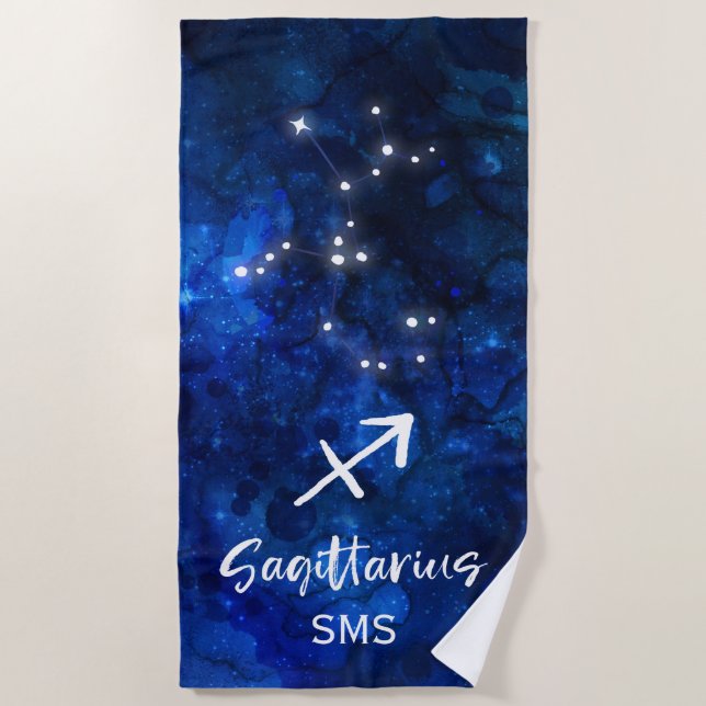Sagittarius Zodiac Constellation Galaxy Monogram Beach Towel (Front)