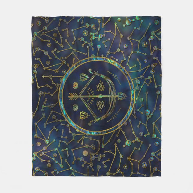Sagittarius Zodiac Gold Abalone on Constellation Fleece Blanket (Front)