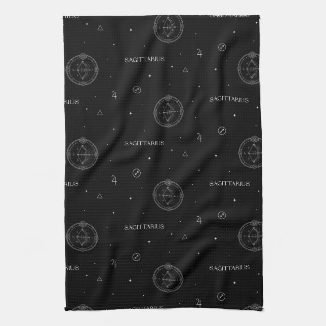 Sagittarius Zodiac Pattern in Black and White Tea Towel (Vertical)