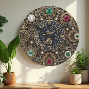 Sagittarius zodiac sign Clock, Steampunk, gems Round Clock