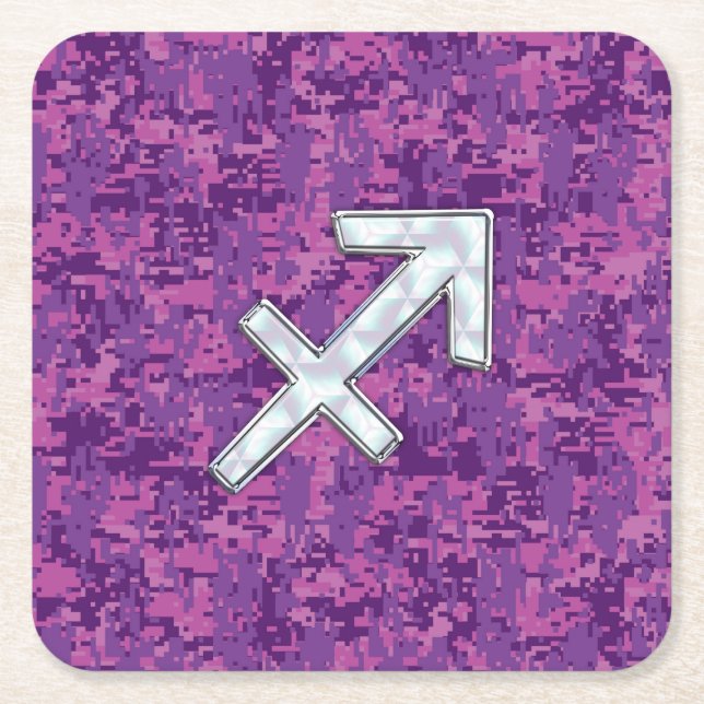 Sagittarius Zodiac Sign Fuchsia Digital Camouflage Square Paper Coaster (Front)