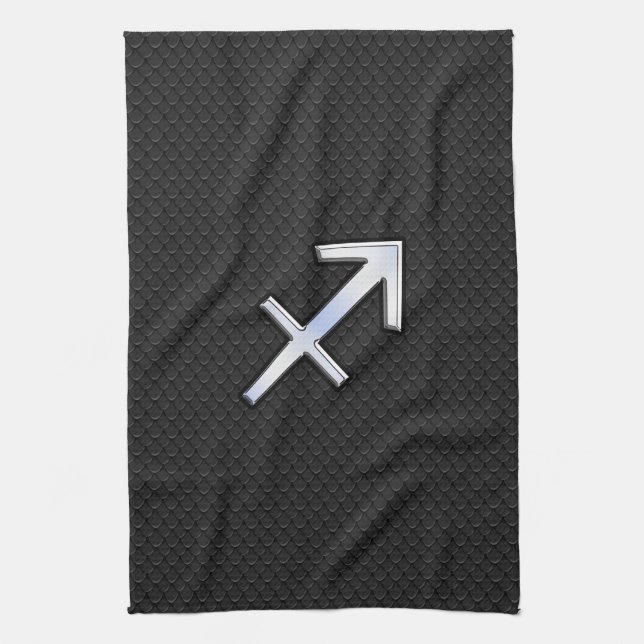 Sagittarius Zodiac Sign on Black Snake Skin Decor Tea Towel (Vertical)