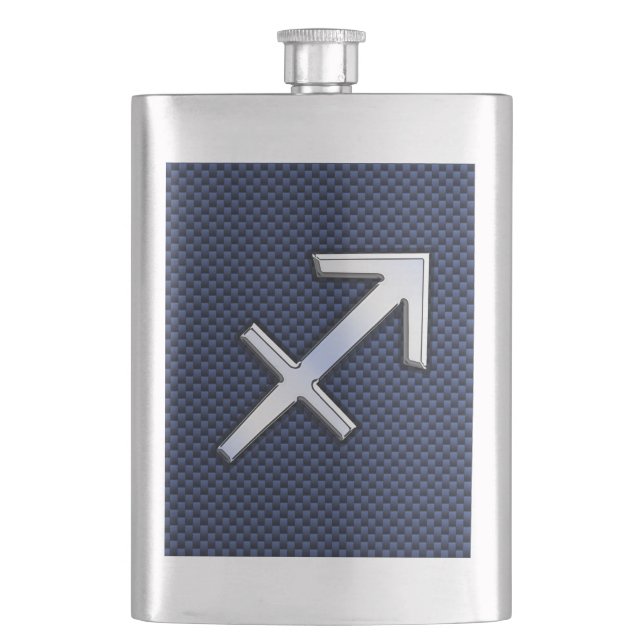 Sagittarius Zodiac Sign on Blue Carbon Fibre Style Hip Flask (Front)