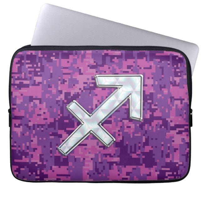 Sagittarius Zodiac Sign on Fuchsia Digital Camo Laptop Sleeve (Front)