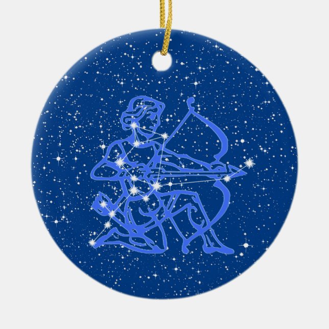 Sagittarius Zodiac Sign with Stars on Deep Blue Ceramic Tree Decoration (Front)