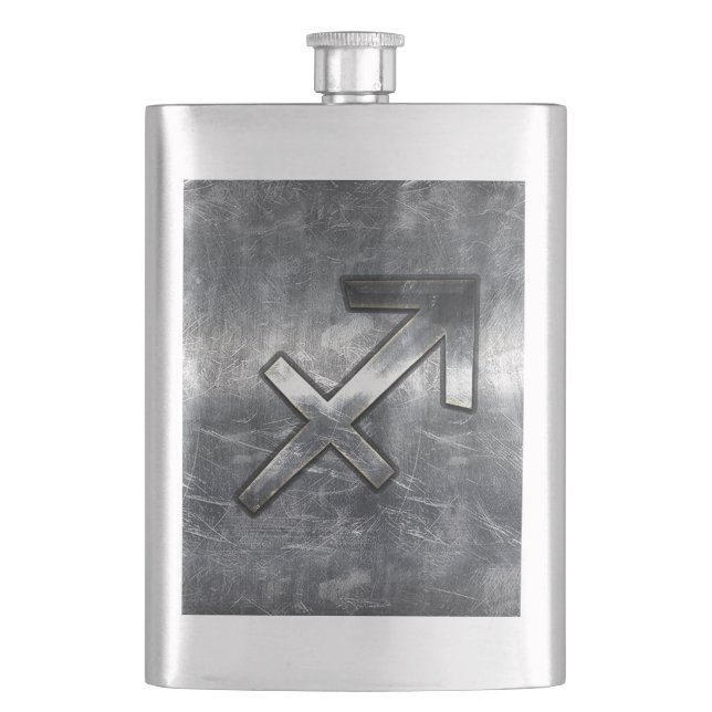 Sagittarius Zodiac Silver Distressed Steel look Hip Flask (Front)
