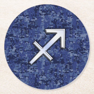 Sagittarius Zodiac Symbol NavyDigital Camouflage Round Paper Coaster