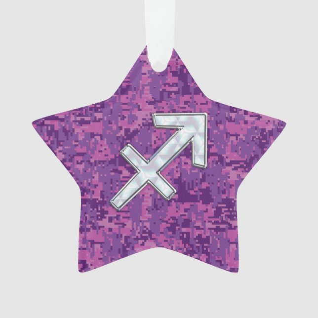 Sagittarius Zodiac Symbol on Fuchsia Digital Camo Ornament (Front)