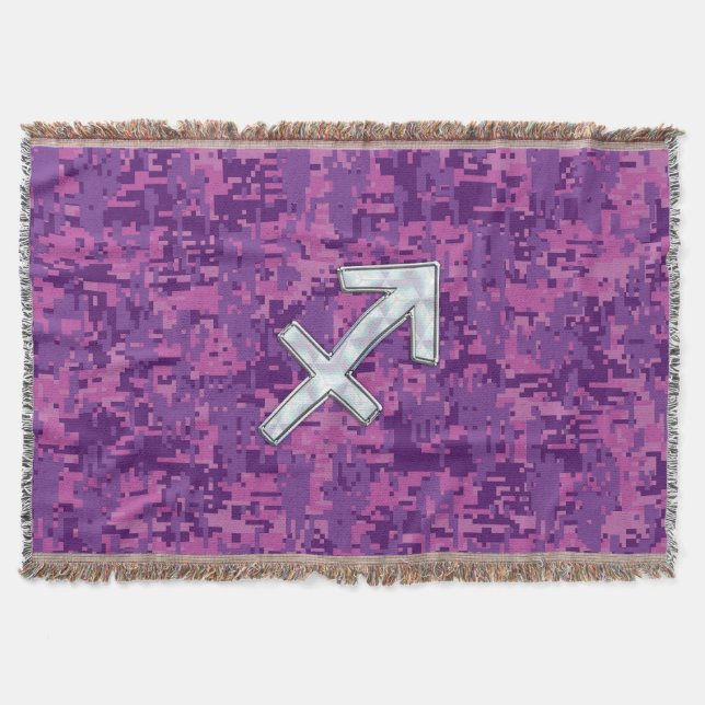 Sagittarius Zodiac Symbol on Fuchsia Digital Camo Throw Blanket (Front)