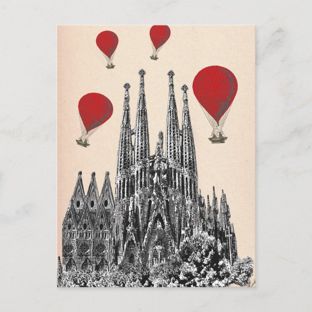 Sagrada Familia and Red Hot Air Balloons 2 Postcard (Front)