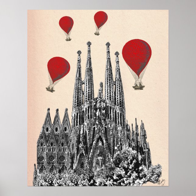 Sagrada Familia and Red Hot Air Balloons Poster (Front)