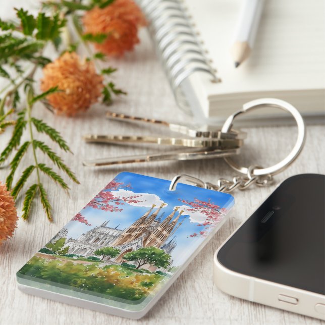 Sagrada Familia Barcelona Spain Watercolor Keychai Key Ring (Front Right)