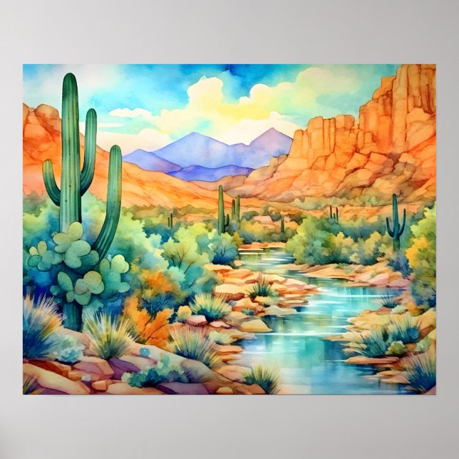 Saguaro Cactus Arizona Watercolor Landscape Poster (Front)