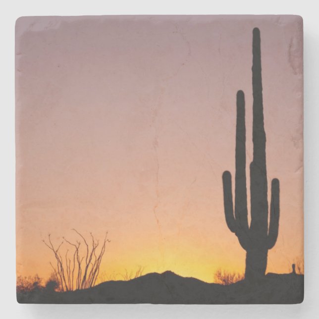 Saguaro Cactus at Sunset Stone Coaster (Front)
