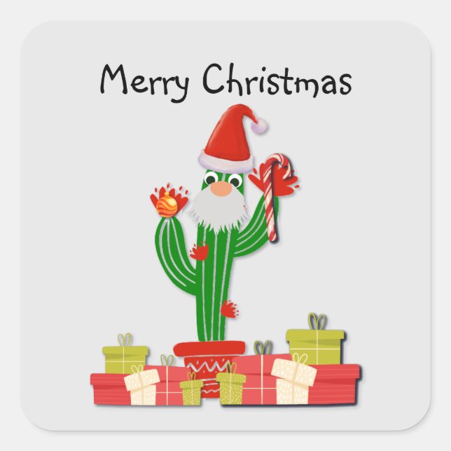 Saguaro Cactus Dressed Like Santa, Merry Christmas Square Sticker (Front)