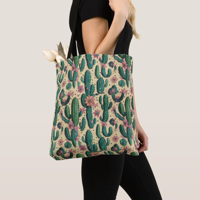Saguaro Cactus Floral Seamless Pattern Tote Bag (Close Up)