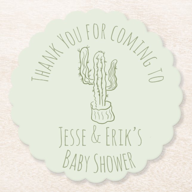 Saguaro Cactus Hand Drawn Green Baby Shower     Paper Coaster (Front)
