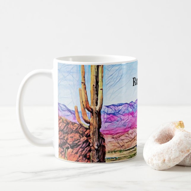 Saguaro Cactus Purple Mountians Blue Lake Arizona Coffee Mug (With Donut)